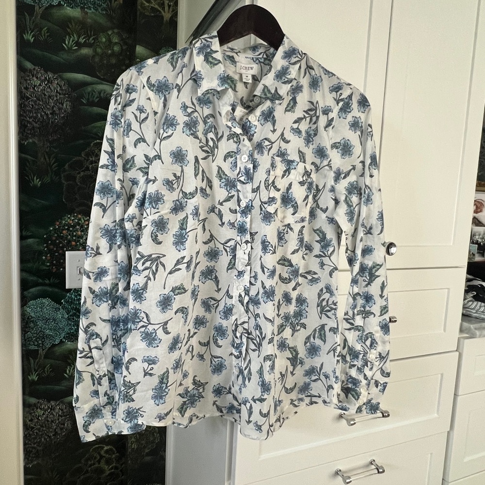 J. Crew Women's White and Blue Floral Blouse